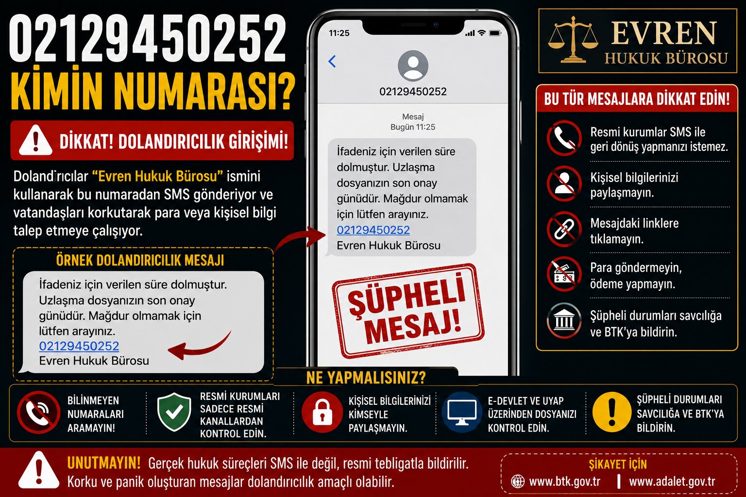 02129450252 Kimin Numarası Evren Hukuk Mesajı